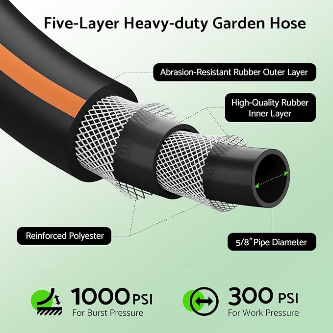 Heavy Duty Garden Hose 100 ft x 5/8", 5-Layer Hybrid Rubber Water Hose with 3/4" Swivel Brass Male to Female Fittings, 1000 PSI Burst, No-kink for Lawn, Backyard, Black & Orange