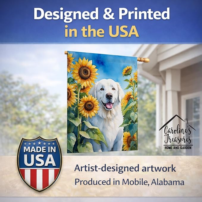 Caroline's Treasures DAC6108CHF Kuvasz in Sunflowers House Flag Large Porch Sleeve Pole Decorative Outside Yard Banner Artwork Wall Hanging, Polyester, House Size, Multicolor
