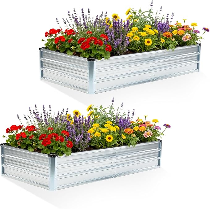 DUMOS Galvanized Raised Garden Bed Outdoor, 6x3x1ft 2 Pack Metal Planter Box for Deep-Rooted Vegetables Flowers Herbs, Rectangular Planter Raised Bed for Patio Balcony Backyard, Open Bottom, Silver