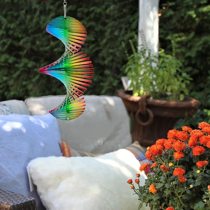 Aoedelyart Rainbow Wave Wind Spinners Outdoor Hanging Decor,Rainbow Helix Mini Wind Spinners for Yard and Garden Ornaments Gifts,7In Stainless Steel Reflective Wind Spinner Yard Art Wind Sculpture