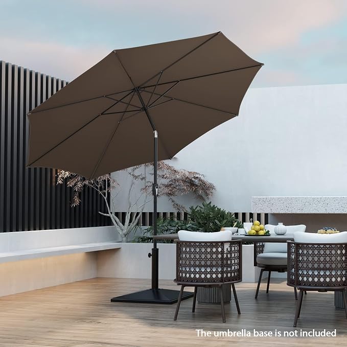 HAPPYGRILL 10 FT Solar Patio Umbrella with 112 LED Light, Outdoor Umbrella with Tilt Adjustment, Crank System, 8 Metal Ribs & Vented Top, Deck Table Market Umbrella for Garden Pool Deck Yard