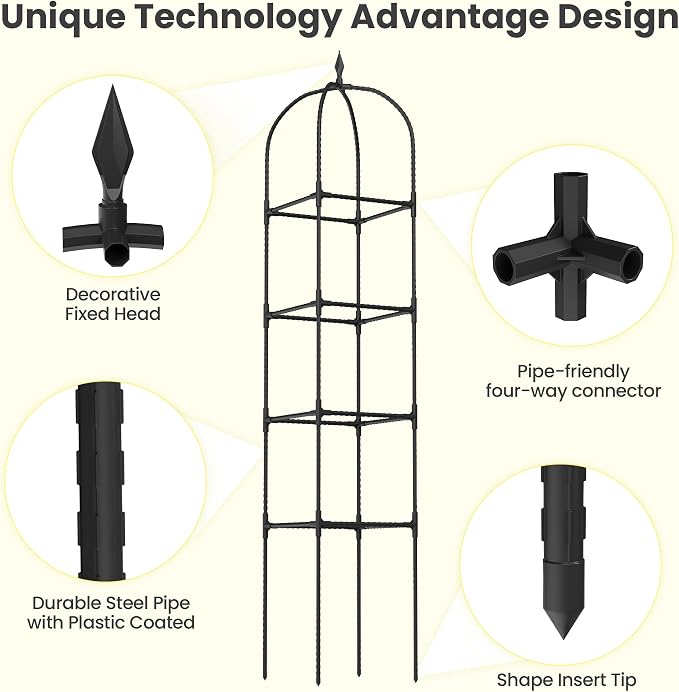 2 Pack 70.87" Garden Obelisk Trellis for Climbing Plants – Rustproof Metal Plant Tower, Pyramid Design for Roses, Clematis, Jasmine, and Vegetable Vines, Indoor & Outdoor Use, Black