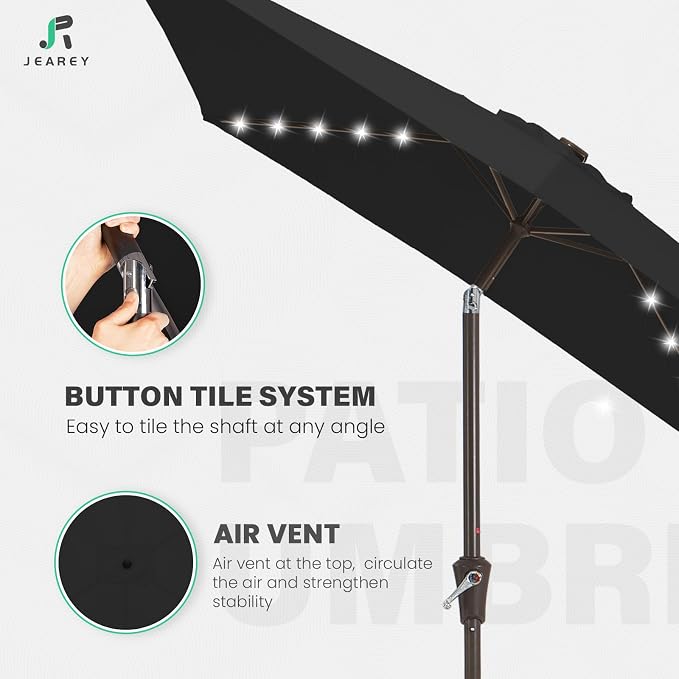 JEAREY 6.5x10 ft Rectangular LED Lighted Patio Umbrellas Outdoor Solar Table Market Umbrella w/Push Button Tilt/Crank, 6 Sturdy Ribs, UV Protection Waterproof Sunproof(Black)