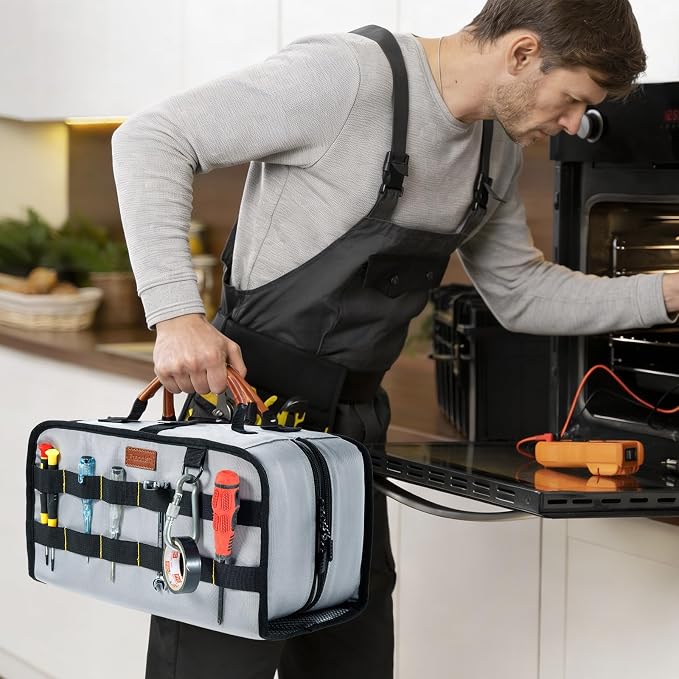Heavy Duty Tool Bag Organizer with Clear Lid Compartments for Electrician, Portable Tool Organizer Case for Multimeter, Diagnostic & HVAC Repair Tools, Roll Up Tool Bag Organizer