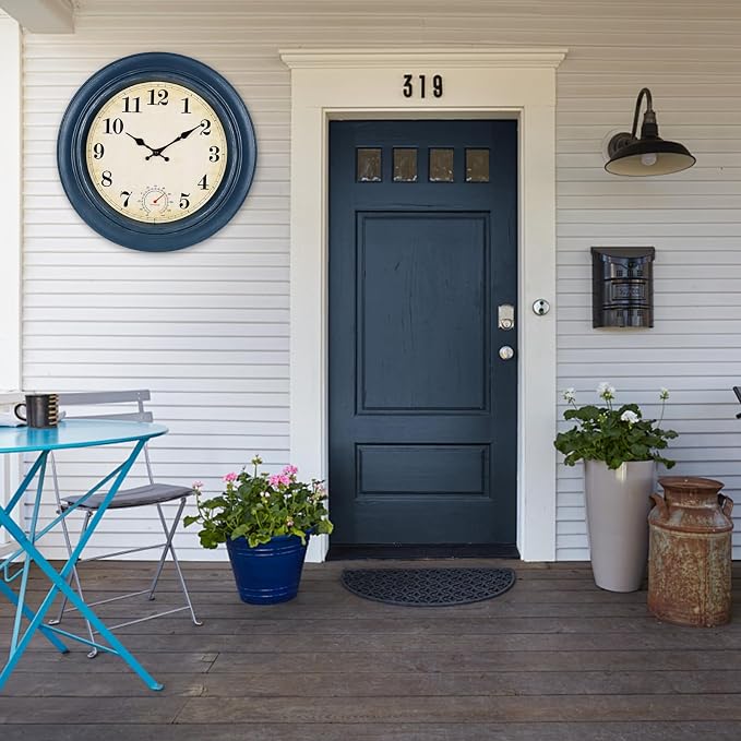 Large Outdoor Clocks Waterproof with Thermometer Combo Rustic Coastal Wall Clock Decor for Patio Pool Bathroom (18 Inch,Blue)