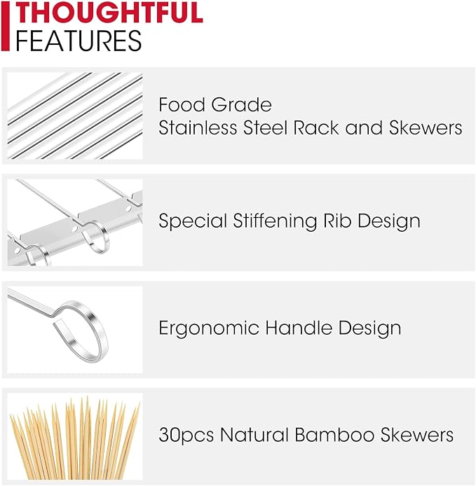 Unicook Stainless Steel BBQ Shish Kabob Set, Foldable Shish Kabob Holder with 6pcs 13"L Skewers, Reusable Grill Rack, Comes with 30pcs 12.5"L Bamboo Skewers for Party and Cookout