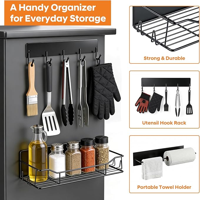 Magnetic Grill Caddy with Bins, BBQ Tool Organizer with Paper Towel Holder | Magnetic Grill Organizer, Magnetic Storage Rack, Fits Most Metal Gas Grills, Pellet Grills & Smokers