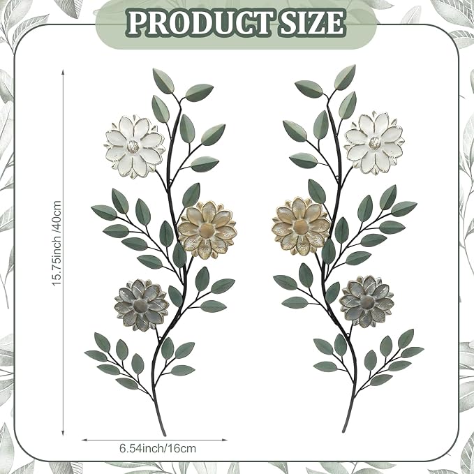 2 Pcs Metal Flower Leaves Wall Art Spring Wall Decor Living Room, 15.75 Inch Vintage Rustic Branch Leaf Wrought Iron Scroll Art Decor for Summer Bedroom Indoor Outdoor Decorations(Green)