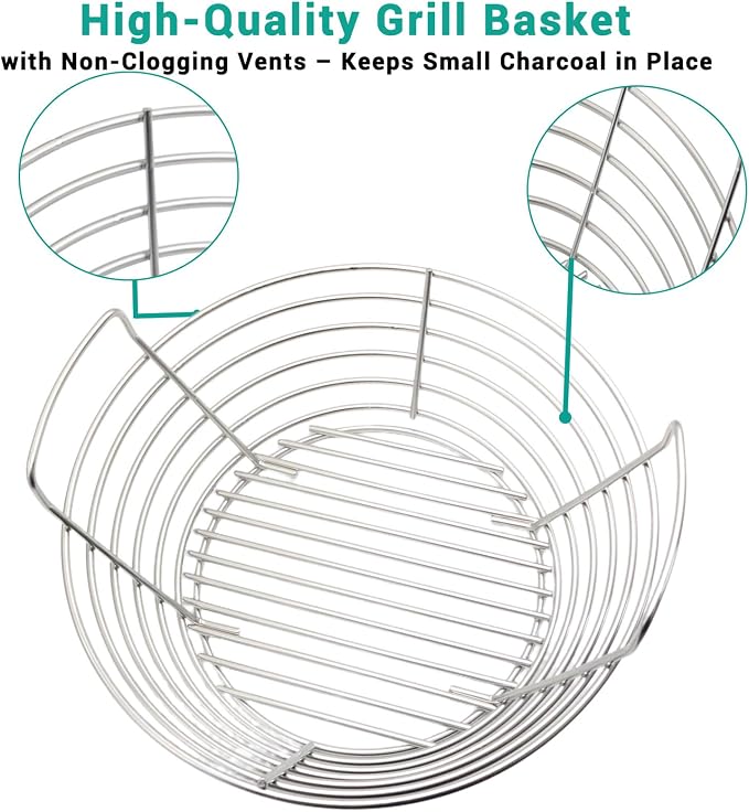 Charcoal Ash Basket with Handles, Stainless Steel Fits Big Green Egg Large, Kamado Joe Classic & Joe Junior – Heavy Duty Charcoal Holder for 14" Grills