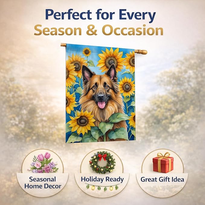 Caroline's Treasures DAC6024CHF Belgian Tervuren in Sunflowers House Flag Large Porch Sleeve Pole Decorative Outside Yard Banner Artwork Wall Hanging, Polyester, House Size, Multicolor