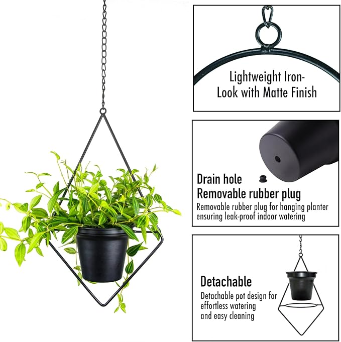 Modern Metal Hanging Planters Set of 2 - Geometric Diamond and Oval Plant Hangers with 5 inch Pots - Black Wall or Ceiling Mount Flower Holders for Indoor and Covered Outdoor Décor