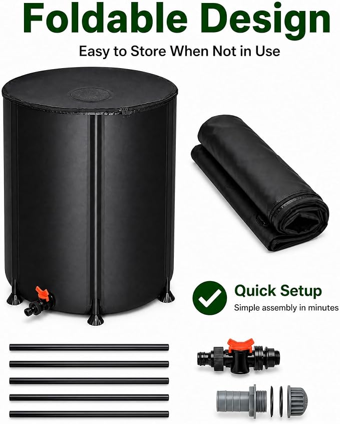 50 Gallon Collapsible Rain Barrel, Portable Rainwater Collection System, Water Storage Tank, Rain Catcher Barrel with Spigots and Overflow Kit,Rainwater Barrels Collector for Garden, Black