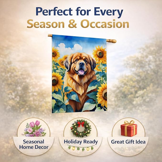 Caroline's Treasures DAC6166CHF Tibetan Mastiff in Sunflowers House Flag Large Porch Sleeve Pole Decorative Outside Yard Banner Artwork Wall Hanging, Polyester, House Size, Multicolor
