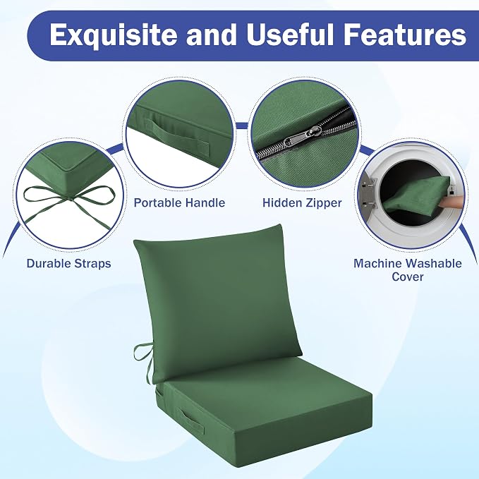 Outdoor Chair Cushions, 24 x 24 Inch Outdoor Cushion for Patio Furniture, Patio Chair Cushion, Waterproof & Fade Resistant Deep Patio Furniture Cushion Set with Handle and Ties, ForestGreen (Set of 2)