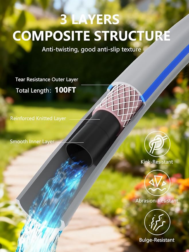 Retractable Garden Hose Reel 1/2 in x 100 ft Heavy Duty Automatic Water Hose Reel with 10-Function Sprayer Nozzle Kink-Free Auto Rewind Any-Length Lock 180° Swivel UV Resistant - Light Gray