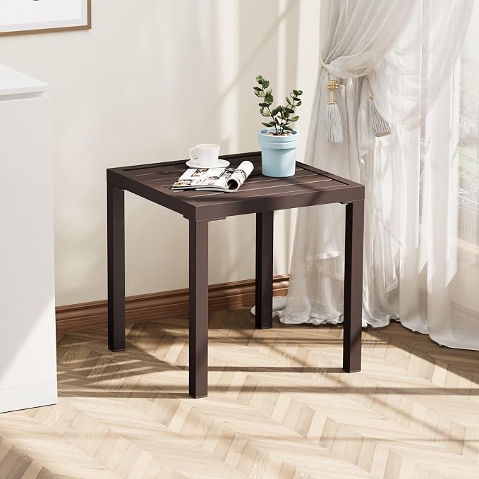 Crestlive Products Outdoor Side Table, Small Square Metal End Table Easy Assembly & Weather Resistant Pool Side Tables for Patio Balcony（Brown