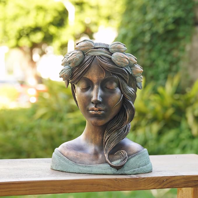 DiliComing Head Planter Face Plant Pots - 10 Inch Flower Pot Succulents Large Outdoor Planters Indoor with Drainage Resin Lady Bronze Statue for Garden Home Decor Porch Gift for Plant Lovers