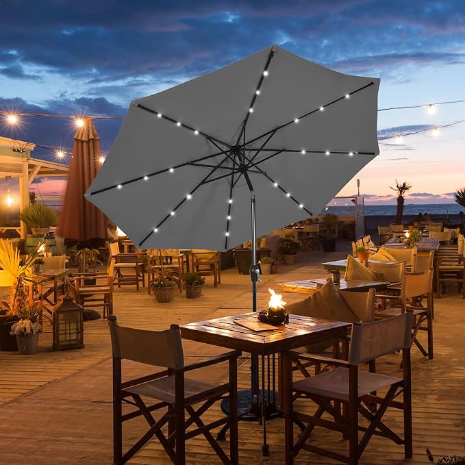 HAPPYGRILL 10FT Patio Umbrella with Lights Outdoor Solar Powered Sunbrella with Tilt Crank Umbrella for Garden Poolside Backyard Beach
