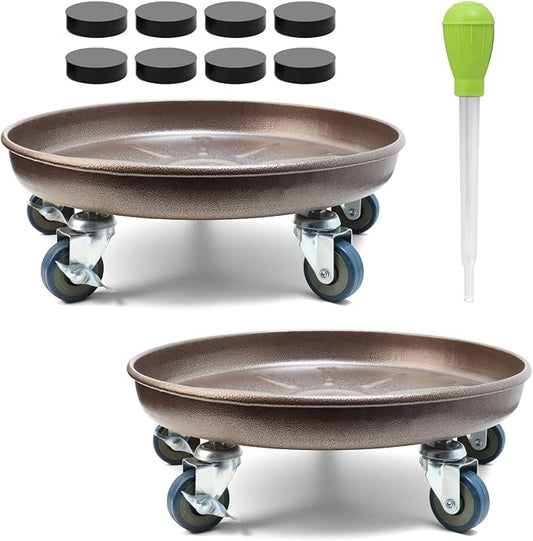 2 Pack 14.6 Inch Metal Plant Caddy With Lockable Wheels,Plant Stand Dolly for Heavy Planter,Wheeled Planter Saucer Tray,Rolling Plant Stand,Heavy-Duty Plant Caddy for Indoor and Outdoor(Copper)