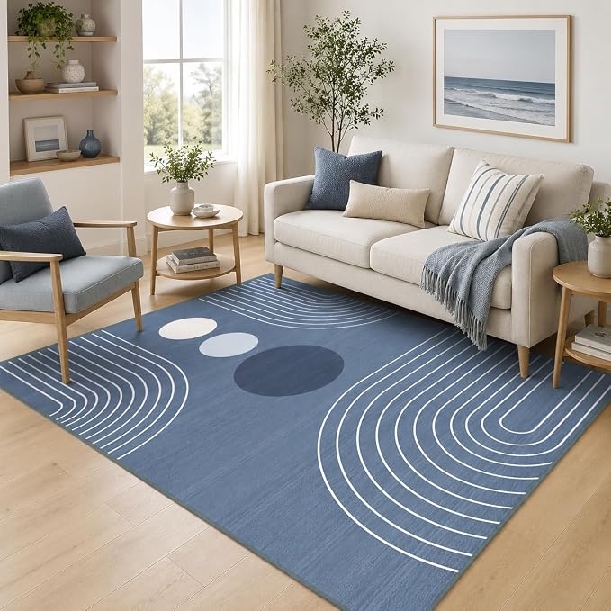 Boho Rug 4x6 Modern Geometric Minimalist Abstract Area Rug for Living Room Dusty Blue Mid Century Modern Contemporary Machine Washable Non-Slip Printed Low-Pile Carpet Dining Room Bedroom Office