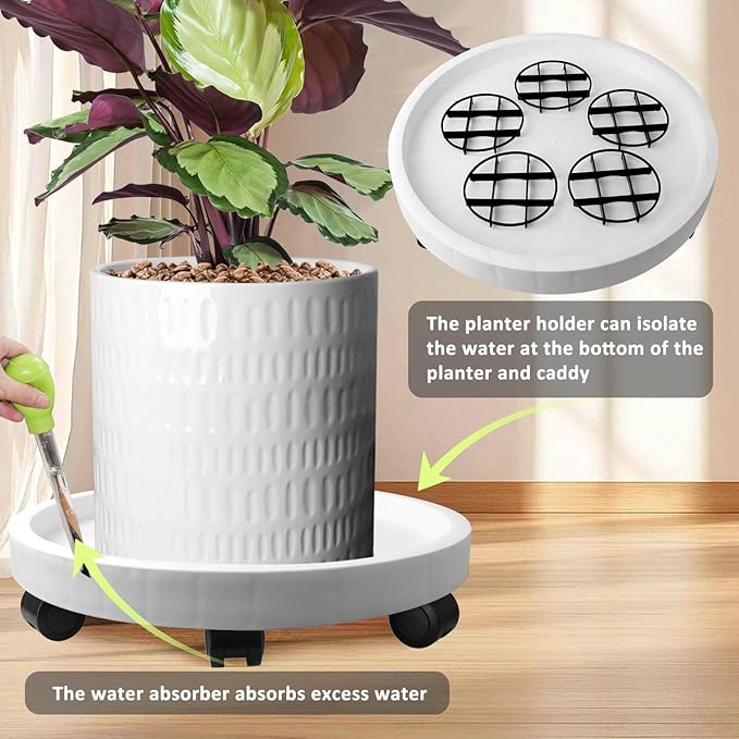 2Pack 17.2'' Large Plant Stand with Wheels, Plant Stand Dolly for Heavy Planter,Wheeled Planter Saucer Tray,Rolling plant stand,Heavy-Duty Plant Caddy with Casters for Indoor and Outdoor(White)