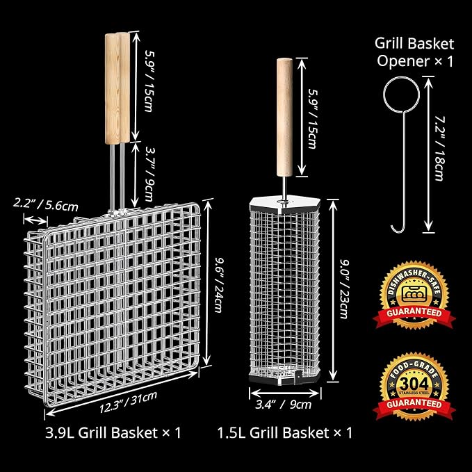 ivtivfu Grill Basket Set, Removable Wooden Handle, 304 Stainless Steel, Rolling BBQ Tools, Smoker Grilling Accessories for Vegetable Fish, Outdoor Cooking Camping, Birthday Gifts for Men Dad Husband