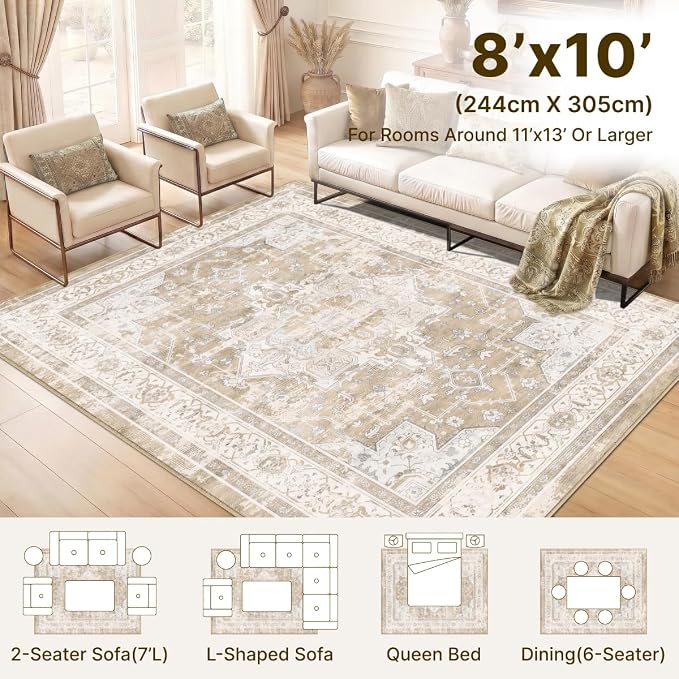 8x10 Area Rug Vintage Washable Rugs for Living Room Bedroom Nursery | Farmhouse Boho Floral Neutral Washable Stain Resistant Indoor Carpet for Bedroom Office and Home Decor(Beige&Brown)