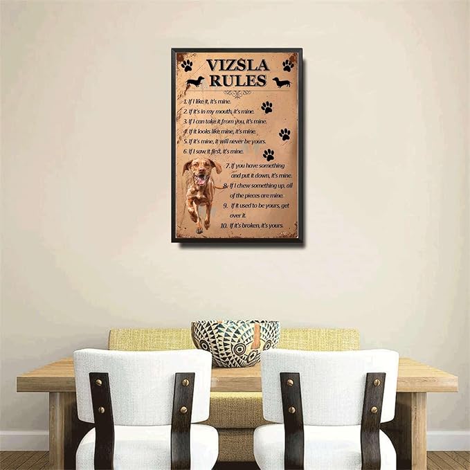 Metal Sign Tin Sign Vintage Wall Art Vizsla Rules Kitty Decor for Pub 12×16 Inches with Metal Frame