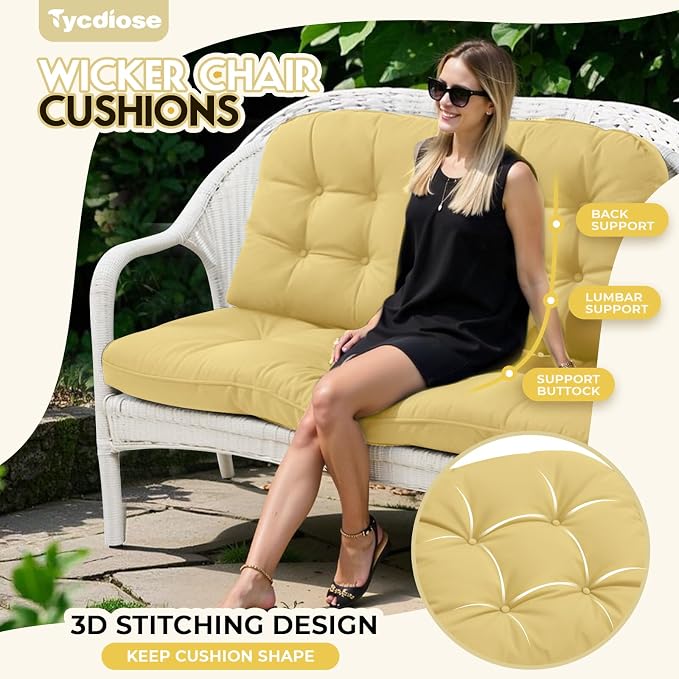 All Weather Wicker Chair Cushions of 3 Pieces, Waterproof Outdoor Wicker Chair Cushion for Patio Furniture Loveseat Settee Bench, 1 Loveseat and 2 U-Shaped Thickened Cushions, Khaki