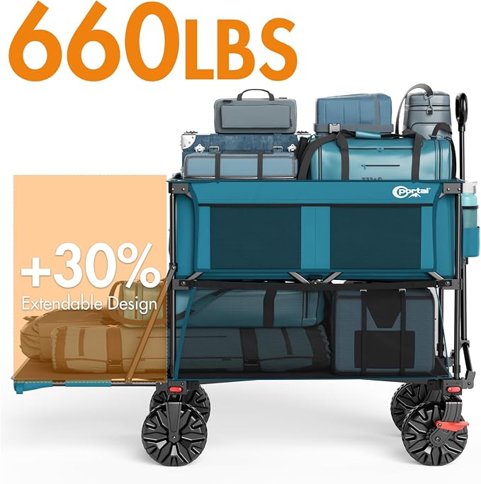 Portal Collapsible Large Double Decker Wagon with Brakes, 660lb Foldable Heavy Duty Utility Wagon Cart, 400L All-Terrain Big Wheels & 54" Extra Long Extender for Sports, Camping & Outdoor Use