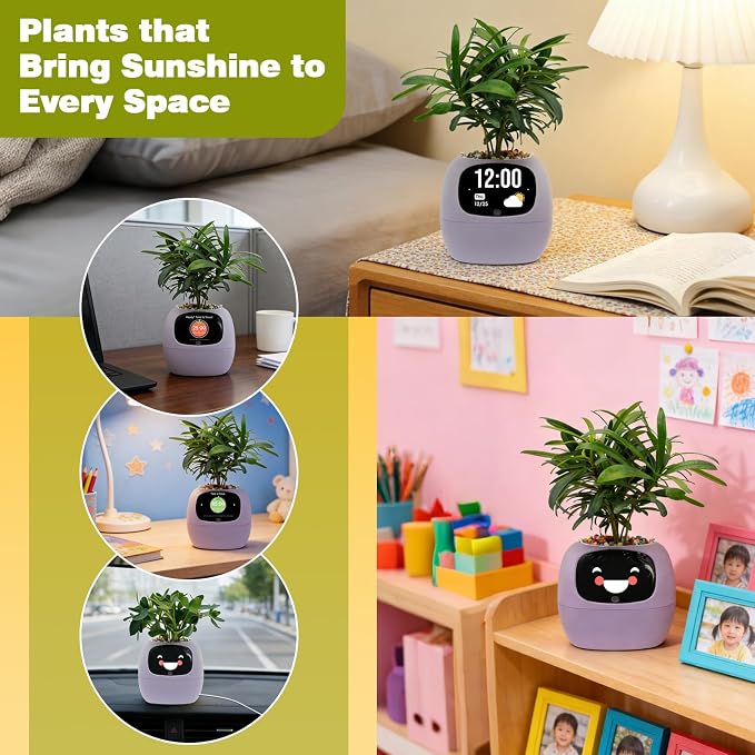 Smart Plant Pot with Visual Display – Soil Moisture, Water Level, Light & Battery Monitor, 80ml Self-Watering Reservoir, Supports 100+ Plants, Pomodoro Timer, Clock & Calendar-Purple
