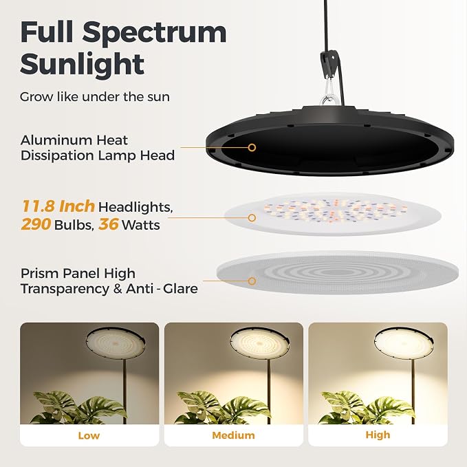 Bamworld Hanging Grow Light for Indoor Plants 12in Large Head Full Spectrum 10 Dimmable Levels LED Grow Light Height Adjustable Long Cord Timer Ideal for Greenhouse Garden Large Tall Plants Black