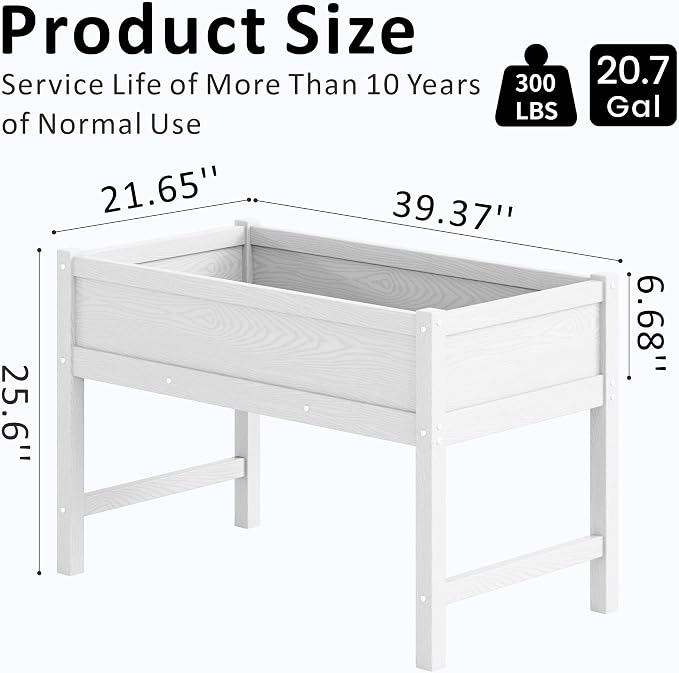 Raised Garden Bed Outdoor with Legs,HDPE Elevated Planter Box Rot-Resistant and Non-Cracking,Raised Beds for Gardening for Backyard, Patio, Balcony, 300lb Capacity White