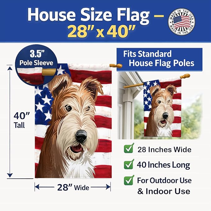 Caroline's Treasures CK6527CHF Fox Terrier Wire Dog American Flag House Flag Large Porch Sleeve Pole Decorative Outside Yard Banner Artwork Wall Hanging, Polyester, House Size, Multicolor