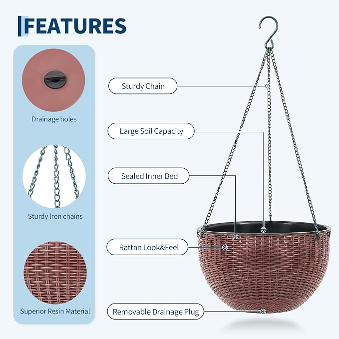 13.8 Inch Self Watering Hanging Planter, 4PCS Round Resin Hanging Basket for Indoor Outdoor Plants, Rattan Look Flower Pot with Drainage Plug, Deep Inner Pot and Sturdy Metal Triple-Chain Hanger