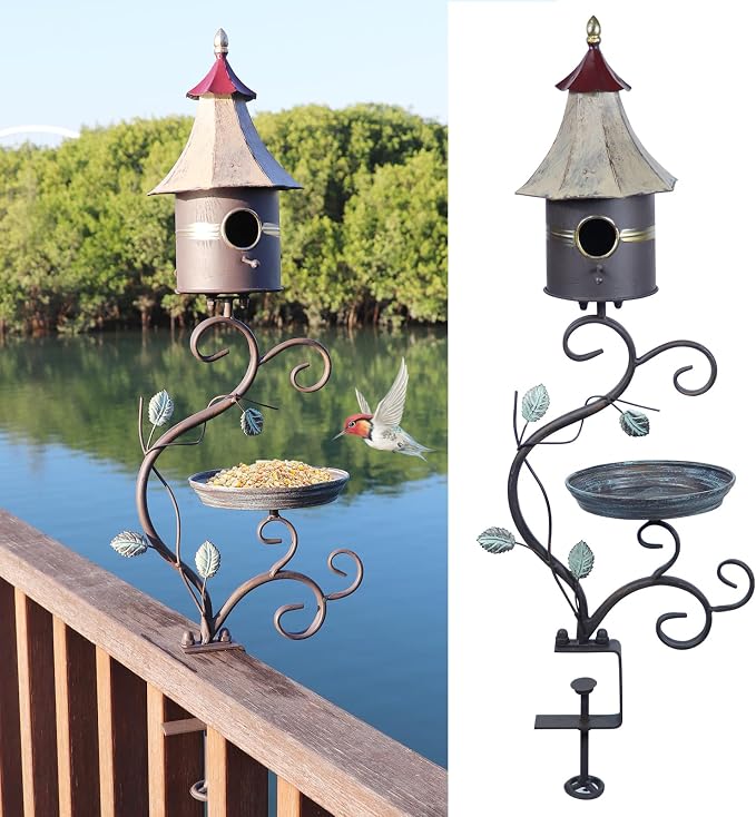 HLQMFHT Deck Bird Bath, Metal Bird Bath and Bird Houses, Decorative Deck Mounted Bird Bath, Detachable and Adjustable Sturdy Deck Bird Bath for Outdoor Porch Yard Garden Decoration