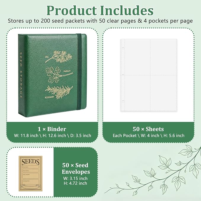Seed Storage Binder Organizer for 200 Seed Packets 50 Sheets | Includes 50 Reusable Seed Envelopes and 50 Sheet Protectors, Large-Capacity Storage for Seed Saving, Ideal for Gardeners