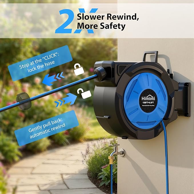Retractable Garden Hose Reel, 1/2 Inch x 100 ft + 6.6 ft Heavy Duty Wall Mounted Hose Reel with 10 Patterns Nozzle, Any Length Lock, Upgraded Slow Return System, 180°Swivel Bracket and UV Resistant