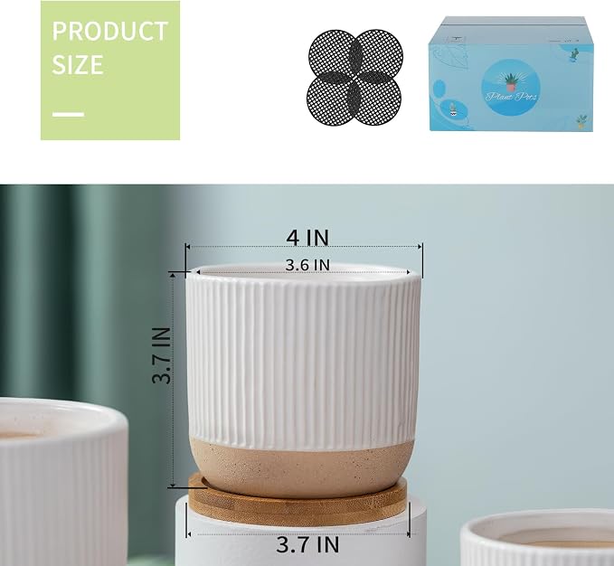 4" White Ceramic Plant Pots with Drainage Holes & Trays Set of 4 | Modern Small Minimalist Flower Planter Pot with Saucers for Indoor Plants, Succulent, Snake Plants, Cactus & Herbs