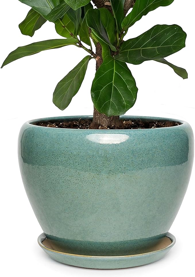 11 Inch Ceramic Plant Pot with Drainage Hole Mesh Net, Large Gardening Pots for Indoor Plants with Saucer, Blue-Green