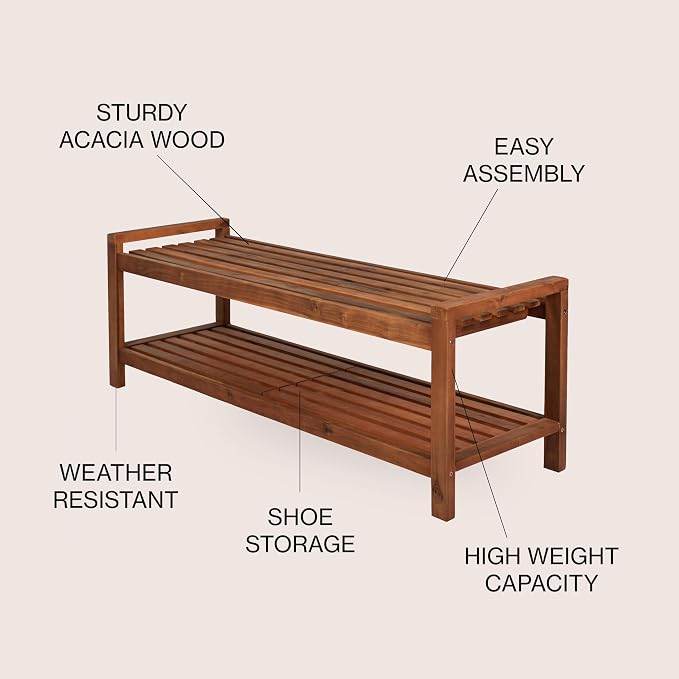 JONATHAN Y Blane 51" Solid Acacia Wood Backless Outdoor Bench with Shoe Storage Shelf, Minimalist Slatted Entryway and Patio Seating, Heavy-Duty 600 lbs Capacity, Teak Finish BNH102A