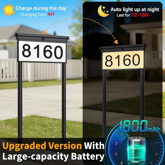LumiZen New Upgraded Solar Address Sign,Double Sided Glow House Numbers with Auto On/Off, 3-Color Lighting Modes Mailbox Number Plaque Waterproof, Dual Stakes for Home Yard Driveway-2pack