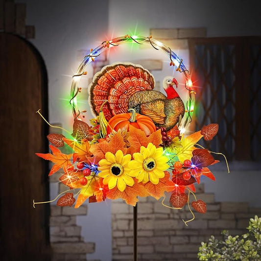 Solar Thanksgiving Turkey Outdoor Decor with Multi-Colorful Lights,Fall Yard Sign Garden Stake for Pathway,Patio or Farmhouse Porch