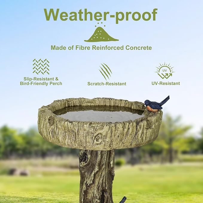 SKYFIRE Bird Baths for Outdoor - 24.4" Tall Pedestal Birdbath with Bird, Fibre Reinforced Concrete with Woodland Tree Trunk Décor Modern and Durable,Bird Bath for Outside, Garden, Patio,Lawn,Backyard