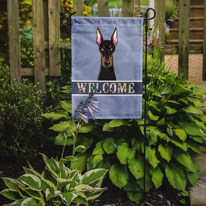Caroline's Treasures BB1431GF Doberman Welcome Garden Flag, Blue Mailbox Flag Decorative Yard Flag Banner Outside Patio Artwork Yard Flower Beds, Garden Size, Multicolor