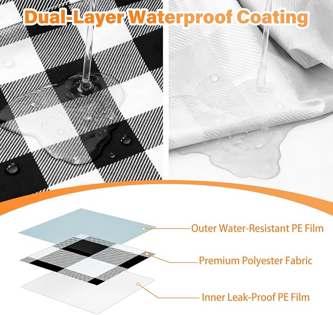 HappyTrends Fitted Picnic Table Cover with Bench Covers - 6FT Dual Layer Waterproof Camping Tablecloth with Windproof Elastic Edging & Bag, Washable RV Camping Essentials (72x30in, Black & White)