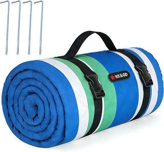 HX&OD Outdoor Picnic Blanket Extra Large, 80''*60'' Waterproof Picnic Mat with Stakes Foldable Camping Blanket Portable with Carry Strap for Beach Mat (Green& White, 80''*60'')