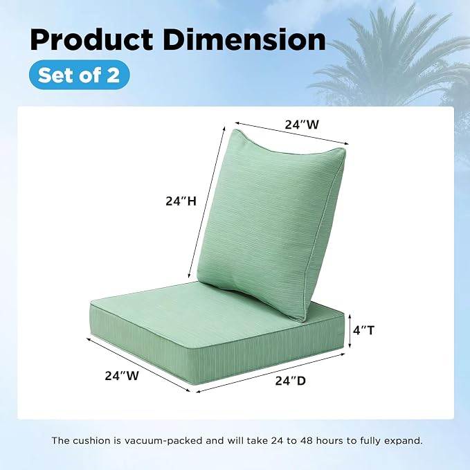Outdoor Deep Seat & Back Cushion Set (2-Pack), 24 x 24 Inch Water Repellent and Fade Resistant Patio Furniture with Removable Cover for Outside Sofa Couch, Ash Pinstripe Weave