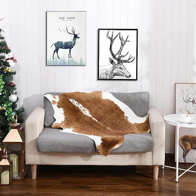 BENRON Small Faux Cowhide Rug, Cow Print Rug for Kitchen Hallyway 2.3x3.6ft | Western cow hide rug for Home Decor, Washable Rugs with Irregular Animal Skins and Hides, Non Slip, Khaki Brown
