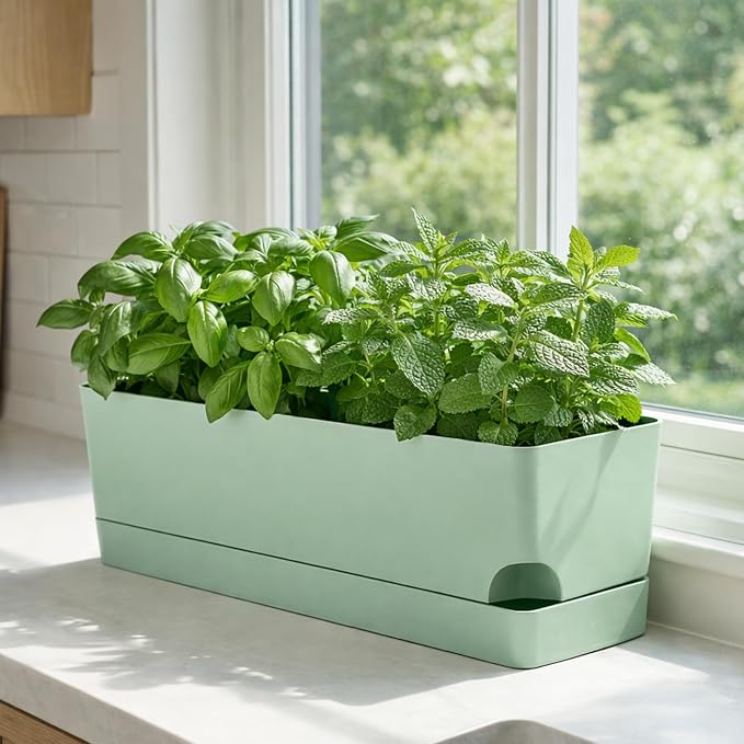 Party Zealot Window Boxes Planters, 3 Pack Self Watering Pots for Indoor Plants 17 Inch Rectangular Planter Rectangle Flower Pots Long Plant Pot Large Window Sill Herb Planter Box, Green